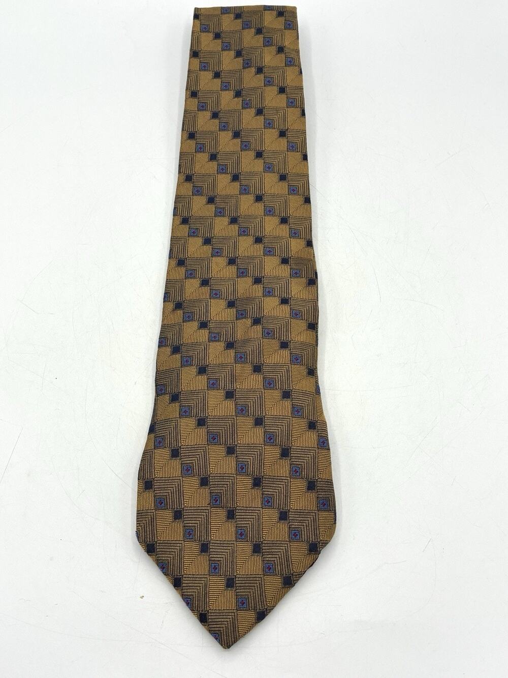 Villa Bugatti Men’s Silk Tie 100% Imported Silk Gold Blue Geometric Necktie